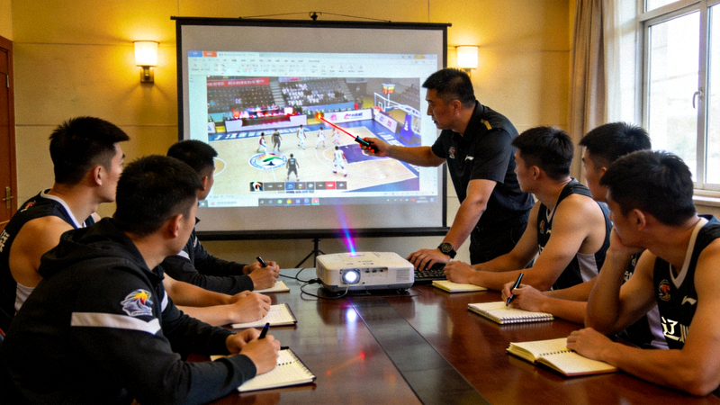 辽宁男篮队内会议 - 教练组分析战术录像，球员认真聆听