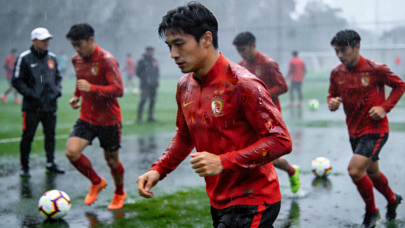 广州恒大训练课 - 球员在雨中坚持训练，展现专业态度